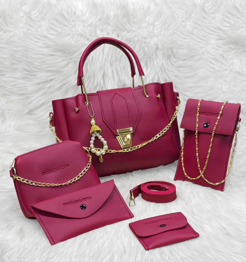 5 Pcs Women's PU Leather Plain Hand Bag Set