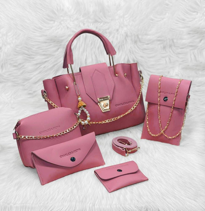 5 Pcs Women's PU Leather Plain Hand Bag Set