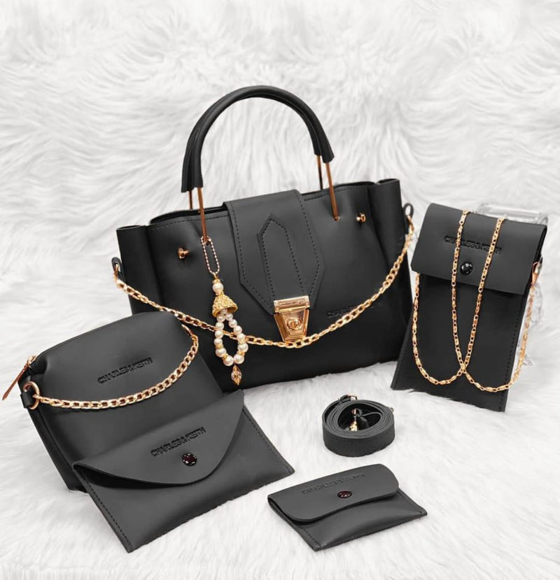 5 Pcs Women's PU Leather Plain Hand Bag Set