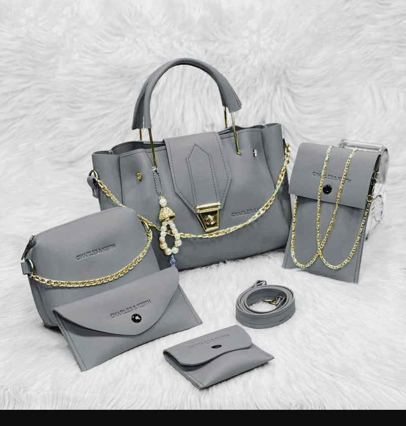 5 Pcs Women's PU Leather Plain Hand Bag Set