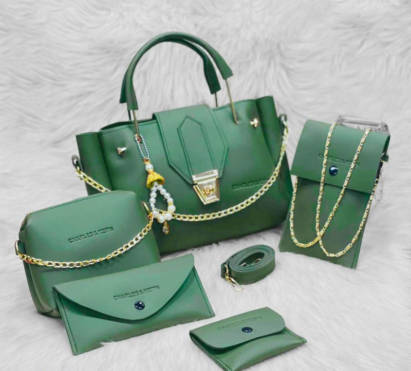 5 Pcs Women's PU Leather Plain Hand Bag Set