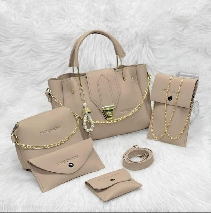 5 Pcs Women's PU Leather Plain Hand Bag Set